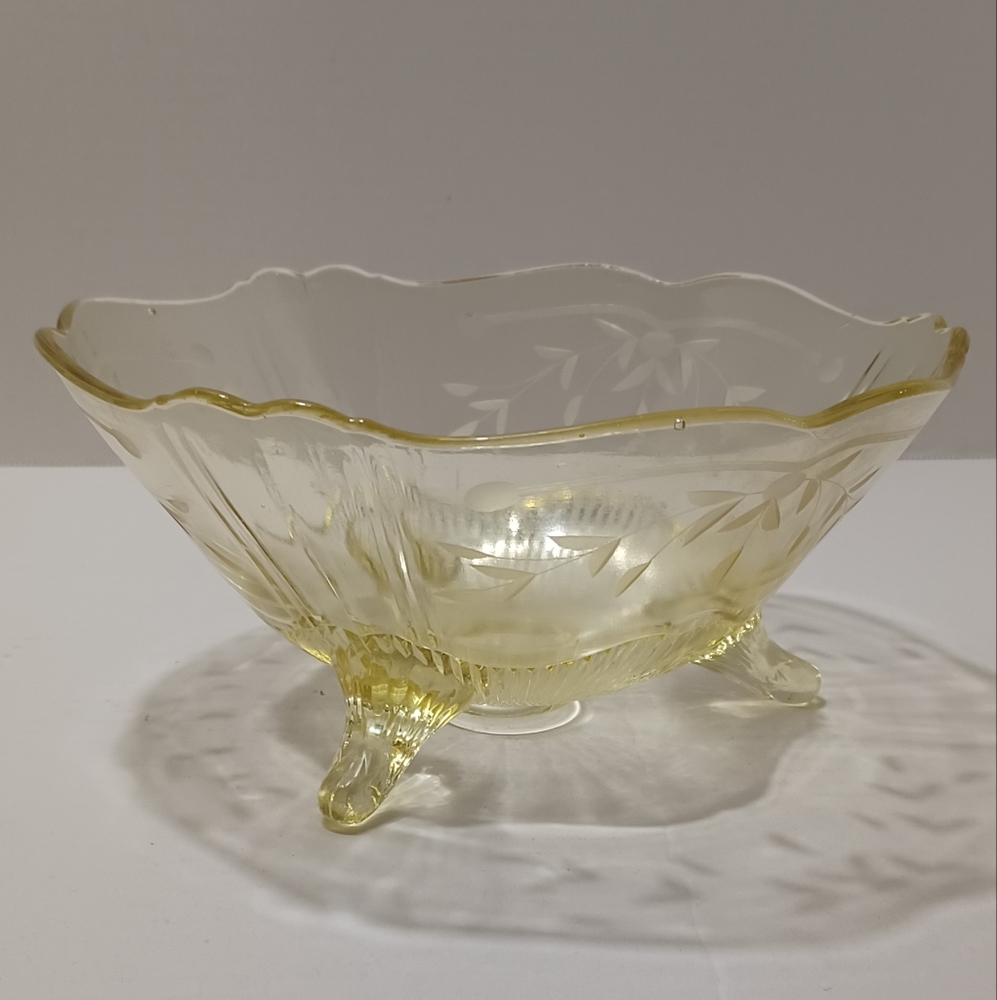 Vintage Yellow Depression Glass Etched 1930's